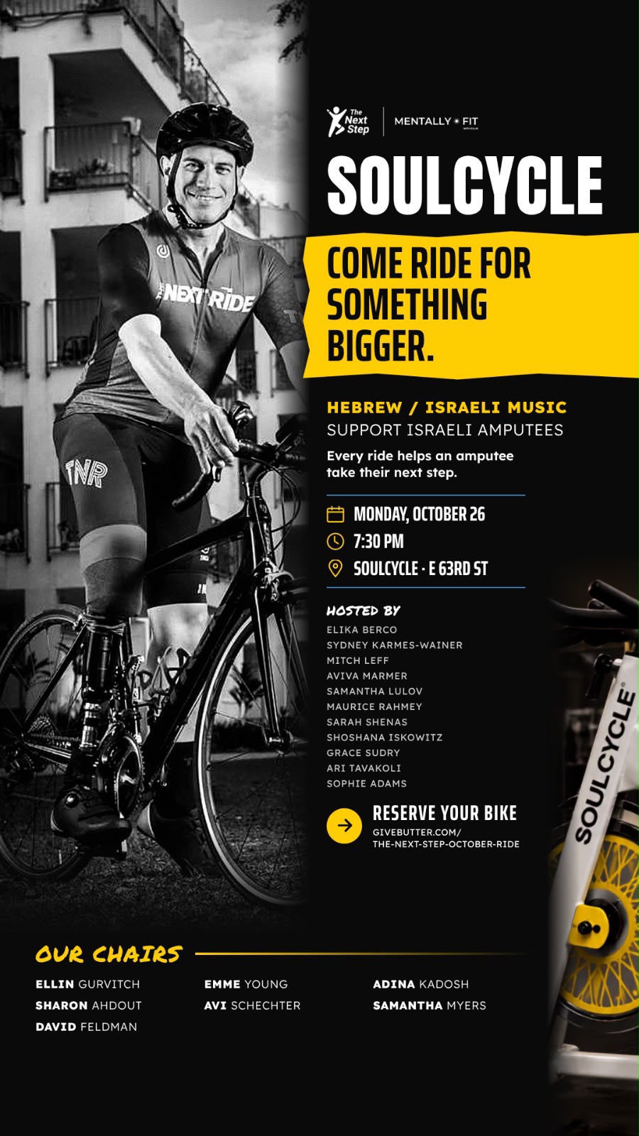 SoulCycle charity ride flyer: October 26 at 7:30 PM, East 63rd Street, supporting Israeli amputees.